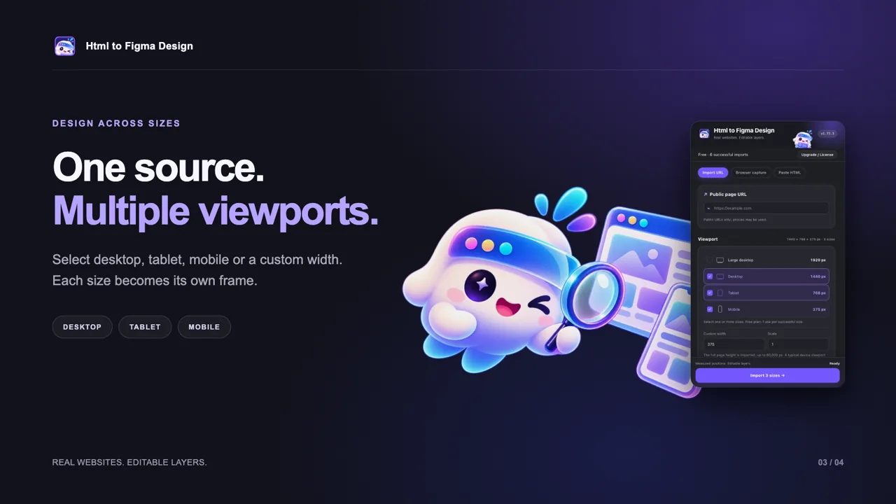 Desktop, tablet, and mobile viewport options